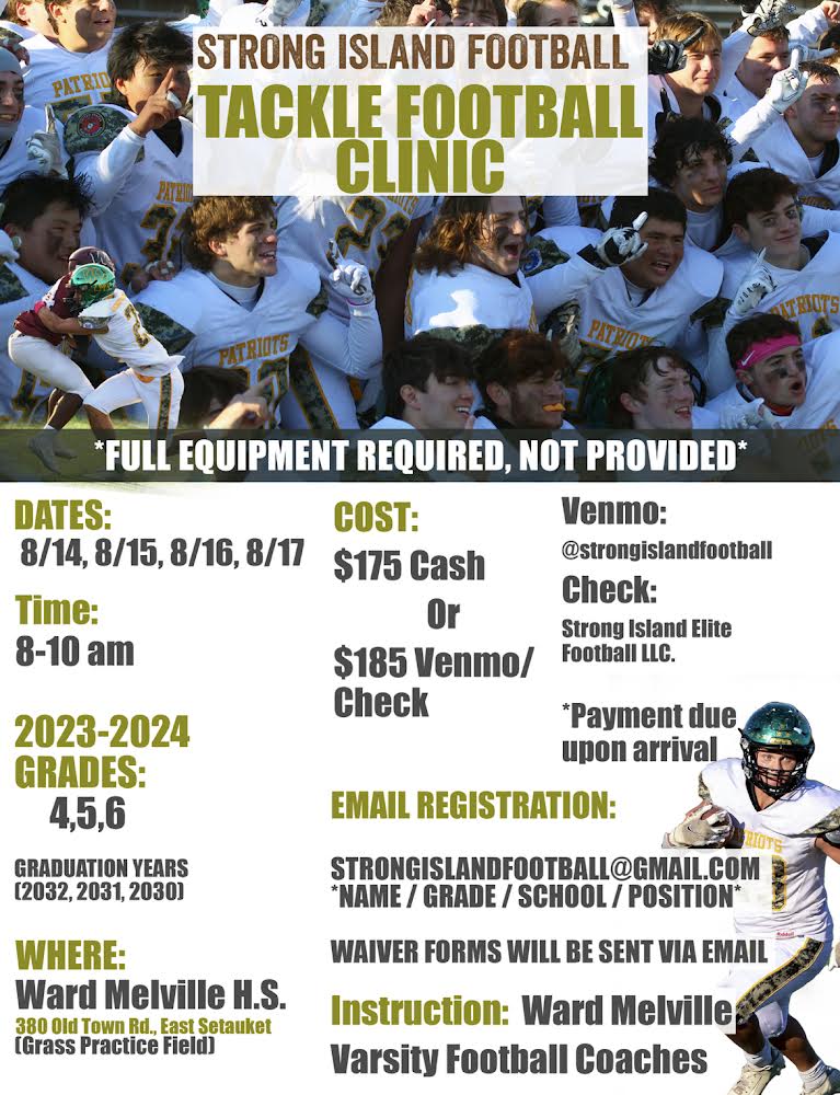 WardMelvilleFB's tweet image. Make sure to register your 4th, 5th, and 6th graders for tackle football camp in August! Learn from the #WardMelville Varsity staff ahead of your PAL season, and be a part of the growing football culture in #ThreeVillage! #PatriotPride #WMFB