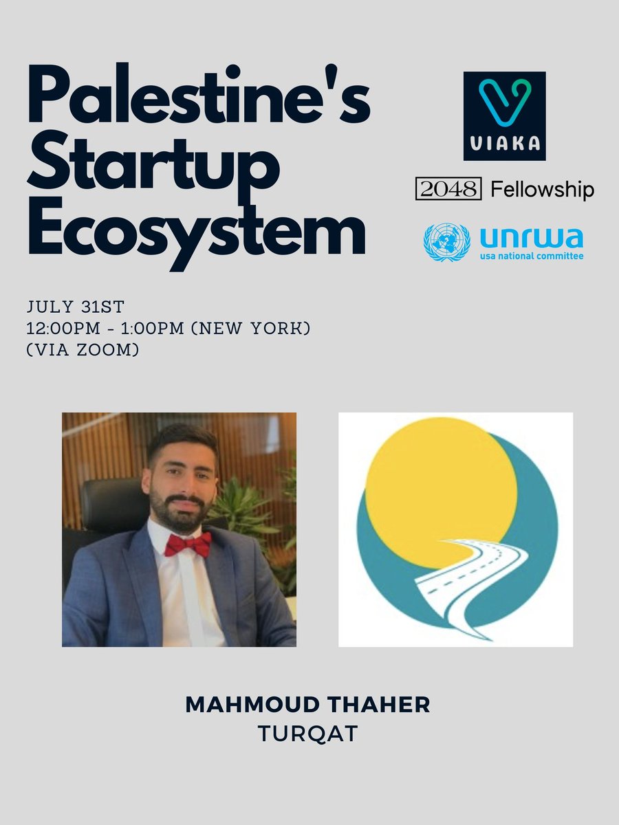 Excited to share my insights and experiences in Palestine's startup ecosystem on this <a href="/Viaka16/">Viaka</a> virtual panel on July 31st. 
If you’re looking to learn more about what and how startups are building on the ground in Palestine, sign up here: eventbrite.com/e/palestines-s…