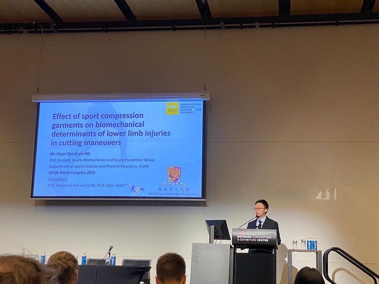 checkin_ho's tweet photo. Grateful for the opportunity to share our findings about the biomechanical effects of stiffness-altered CGs in cutting tasks at @ISPGR. Thanks professors @yyang1312, @kwsum, and GA (garment sponsor) for the continuous support throughout. https://t.co/lG2ZrCj9IU