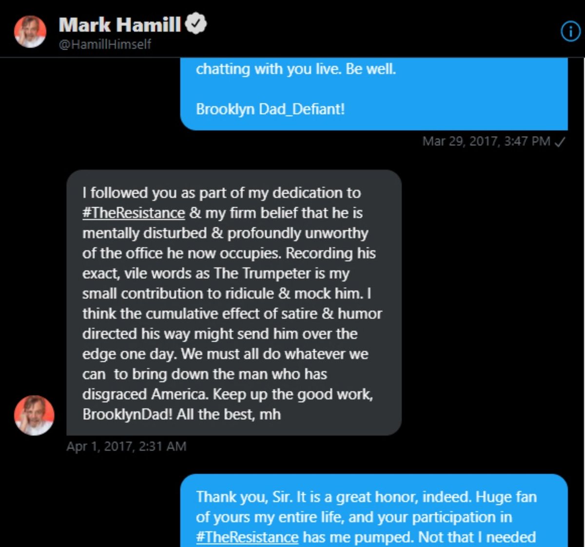 Since he's trending now, I will never forget the day @MarkHamill sent me a DM and told me to 'keep up the good work, BrooklynDad.' 😳 What a nice guy!