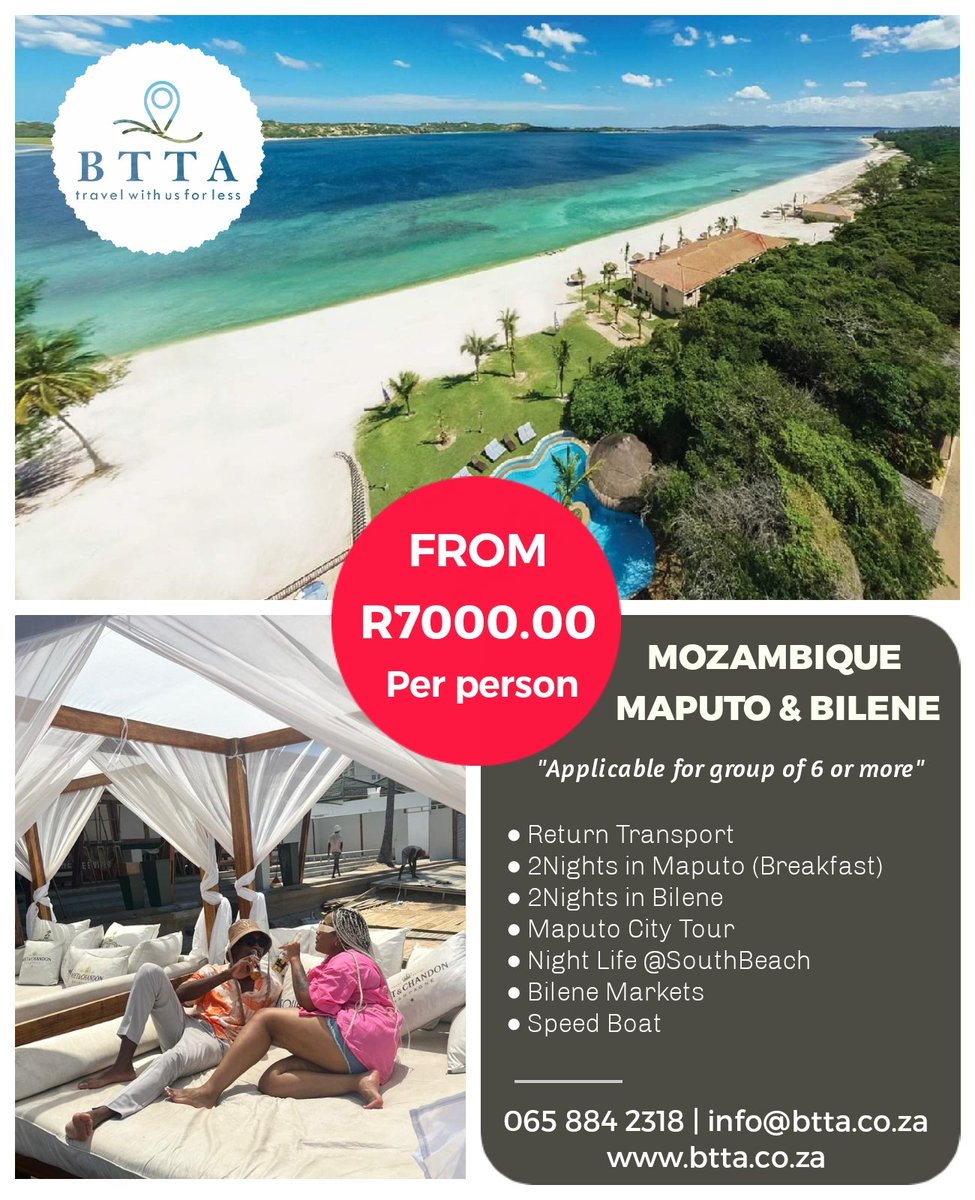 BrianTravelTour's tweet photo. Wintervacay in Mozambique (Maputo &amp; Bilene)

For any private group travels 
Call/whatsapp: 065 884 2318 
Email: Info@btta.co.za 
Visit our website: https://t.co/fqJRN4j9gq 
#traveling #Zuma #Mozambique #thuli #makhadzi #Bilene #maputo #2ndofseptember  #sithelo #trucks #orthambo https://t.co/ECSNUsTCtT