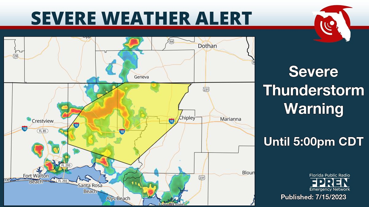 Severe Thunderstorm Warning for Holmes, Walton, and Washington County until 5:00pm CDT. Details on the Florida Storms app. #flwx