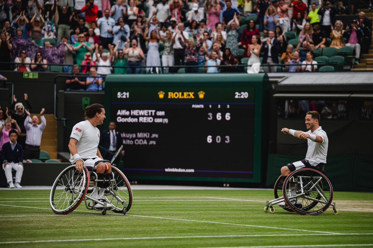 Still got goosebumps after what happened out there today. To everyone who made that stadium so electric thank you 🇬🇧 💜💚 @wimbledon doubles number 5 @gordonreid 😁🏆🏆🏆🏆🏆 Singles final tomorrow 11am court 1 💪🏼