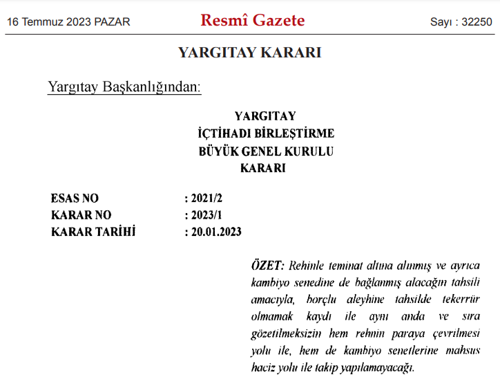 ihtisashukuk's tweet photo. Yargıtay İçtihadı Birleştirme Büyük Genel Kurulu:
Rehinle teminat altına alınmış ve ayrıca kambiyo senedine de bağlanmış alacağın tahsili amacıyla, borçlu aleyhine tahsilde tekerrür olmamak kaydı ile aynı anda ve sıra gözetilmeksizin hem rehnin paraya çevrilmesi yolu ile, hem de kambiyo senetlerine mahsus haciz yolu ile takip yapılamaz.

Karar az önce Resmi Gazete'de yayımlandı.
Kararın tamamına ulaşmak için:
https://t.co/oMeb5ulmMo