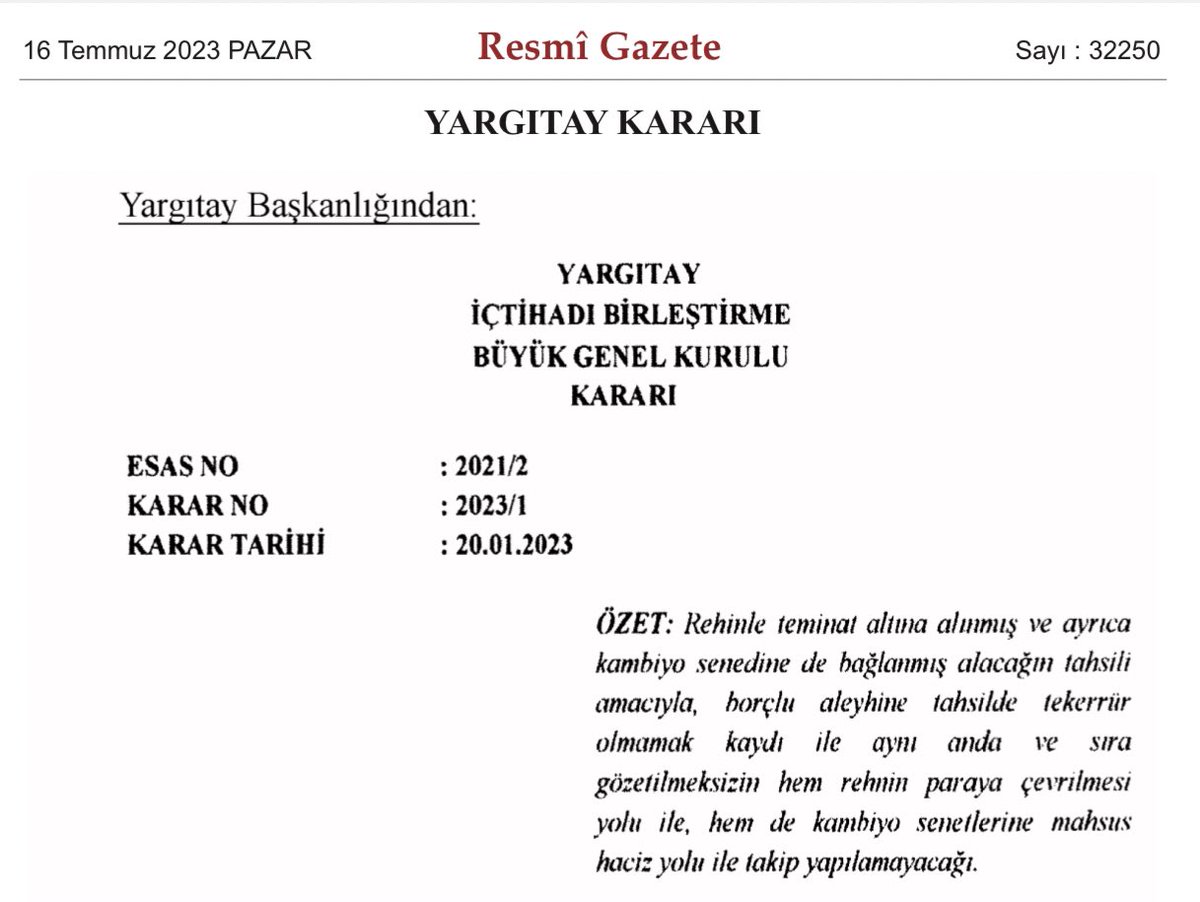 YARGITAY İBBGK;
Rehinle teminat altına alınmış ve ayrıca kambiyo senedine de bağlanmış alacağın tahsili amacıyla, borçlu aleyhine tahsilde tekerrür kaydı ile aynı anda hem rehnin paraya çevrilmesine yönelik hem de kambiyo senetlerine mahsus takip yapılamayacaktır.
#icraHukuku