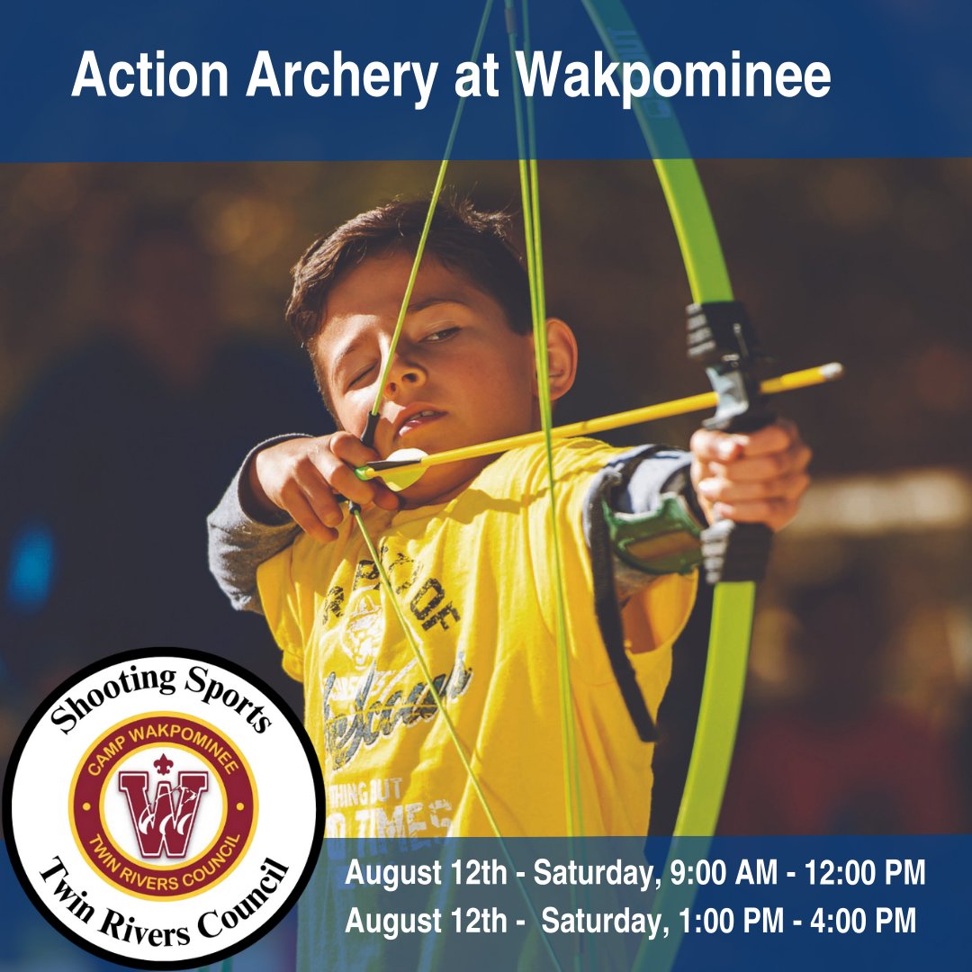 trcscouting's tweet photo. 🎯 Join us on August 12th at Camp Wakpominee for Action Archery Day! 🏹 Only $15 per youth. Ages 14 and up.  You will need the Archery Merit Badge is required to attend. Register Here: https://t.co/vEPkrQtkMr  #ActionArcheryDay https://t.co/A5Bop3bocu