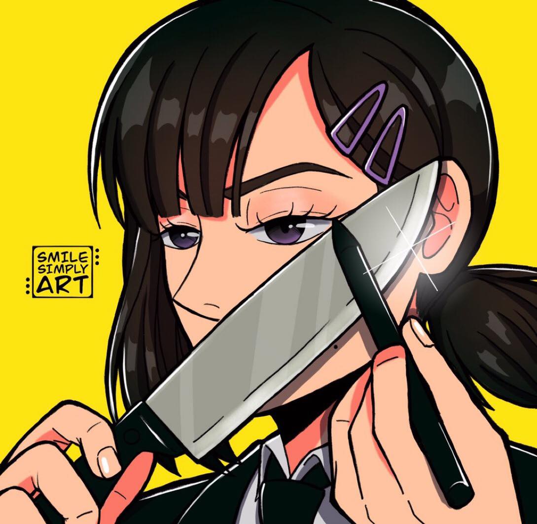 higashiyama kobeni 1girl knife yellow background hair ornament hairclip black hair solo  illustration images