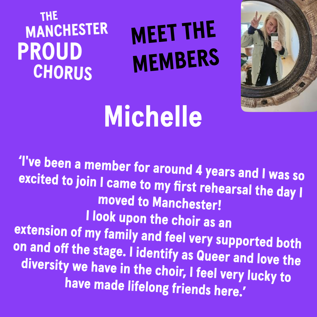 Meet our members! Here's one of our Sopranos, Michelle.
If you, like Michelle, have just moved to Manchester and you'd like to join our bunch of friendly LGBTQIA+ singers, follow the link! We are non-audition and no previous musical experience is required.
manchesterproudchorus.org/join-us/