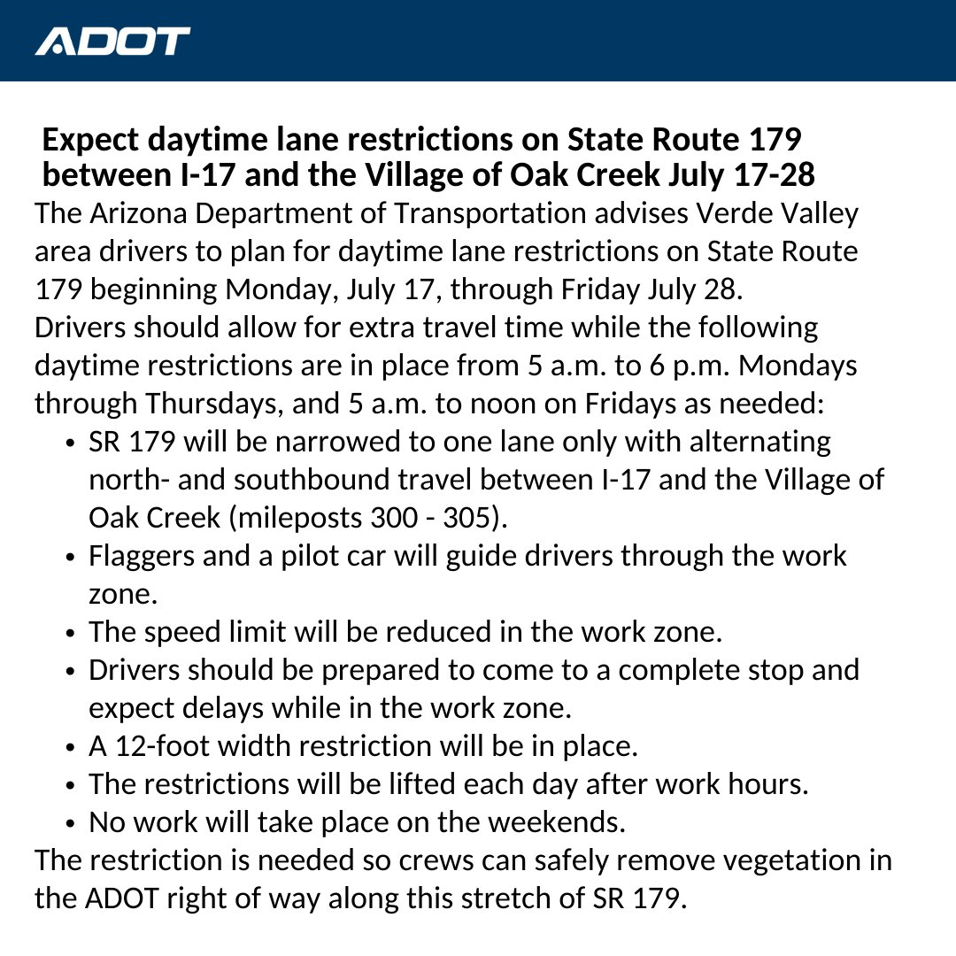 Arizona DOT on Twitter "*STATE ROUTE 179 RESTRICTIONS* SR 179 will be