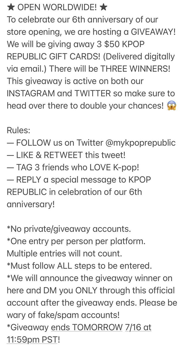mykpoprepublic's tweet photo. ☆ WORLDWIDE TWITTER EXCLUSIVE GIVEAWAY! ☆

👑 Want to win a $50 KPOP REPUBLIC GIFT CARD? Check out the details below to enter!

We'd like to thank our loyal customers for being with us these past 6 years 🫶🏻

Ends TOMORROW 7/16 11:59pm pst 💗 https://t.co/vekVtgOQcC