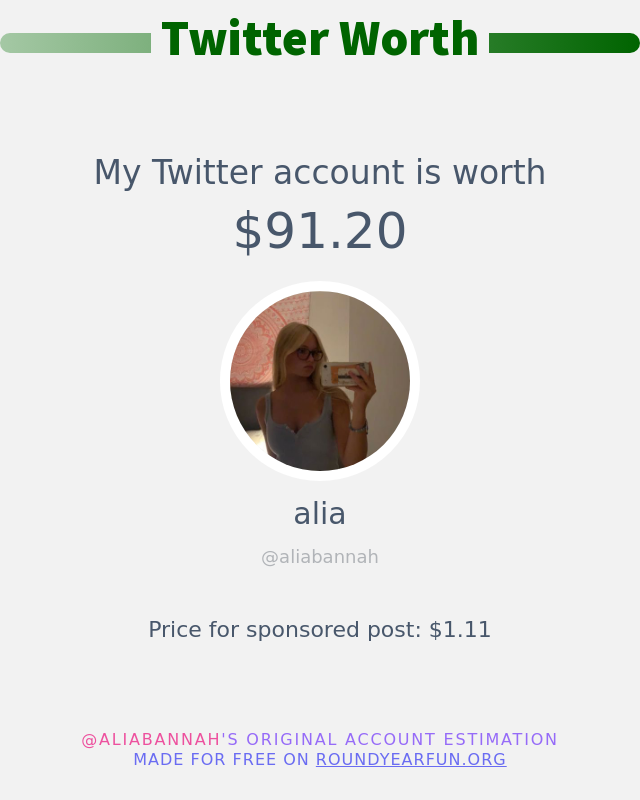 aliabannah's tweet photo. My Twitter worth is: $91.20

➡️ https://t.co/nUmGFxEHEs https://t.co/25MgTgXnic