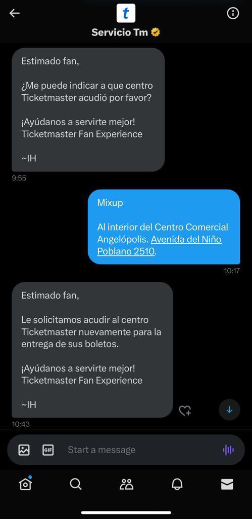 AgaliMiranda's tweet photo. @ServicioTM Tiene toda la información en DM y responden lo mismo @Profeco @Ticketmaster_Me @ServicioTM https://t.co/TpbVFEuSuL