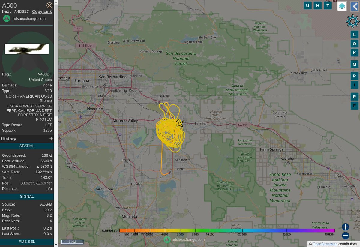 MULTI ADSBX CIRCLING ALERT : At time Sat Jul 15 18:14:45 2023 #A500     was likely to be circling at FL54 5nm from SJY San_Jacinto_NDB_US
 near Beaumont, Riverside County, CAL Fire Southern Regi #AvGeek #ADSB https://t.co/McnFJJys3o https://t.co/G7qGNrR9GY