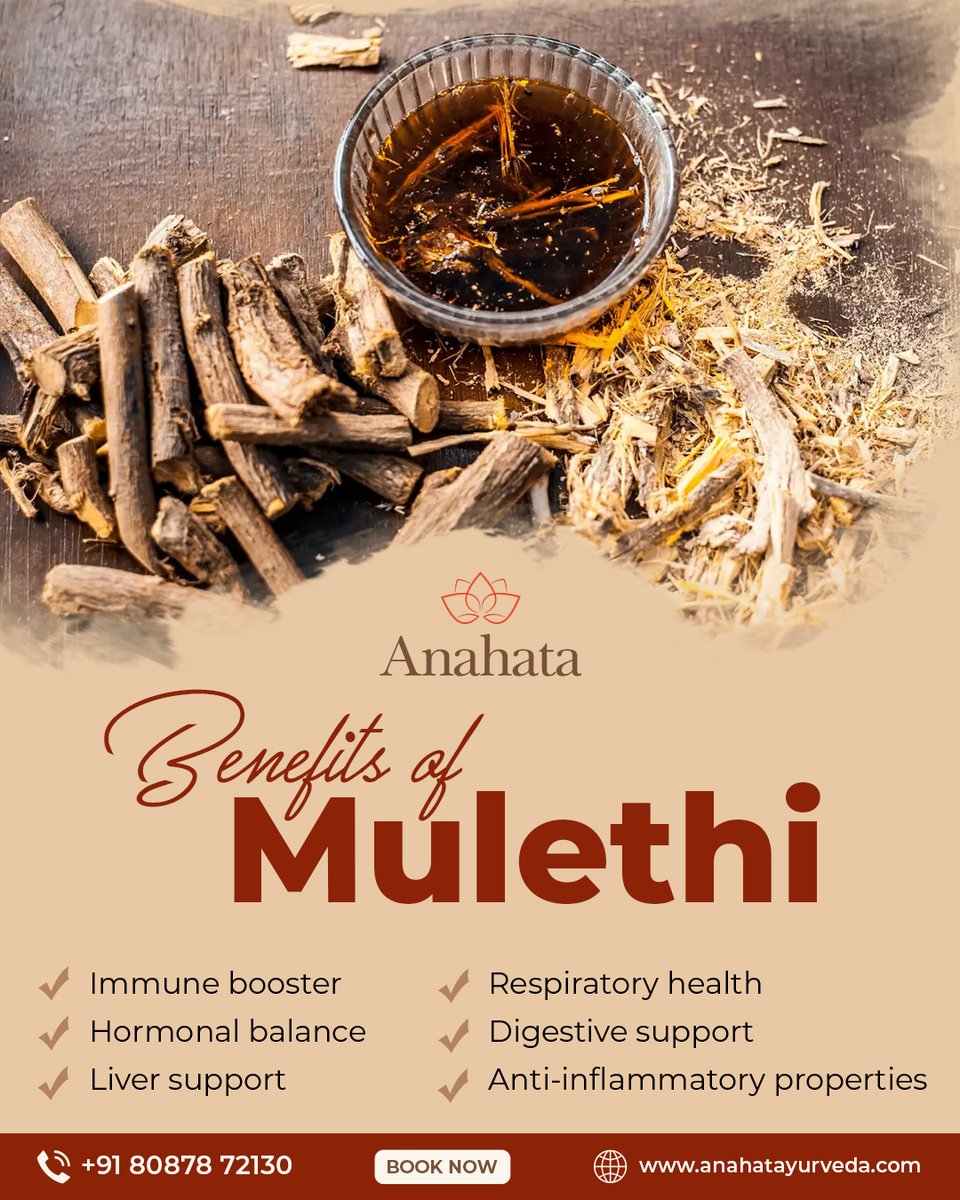 Anahatayurveda's tweet image. Mulethi, also known as licorice root, offers several benefits.

More Info: wa.me/918087872130
Website: anahatayurveda.com

#Mulethi #LicoriceRoot #GingerBenefits #ThroatSoothing #Digestion #ImmuneBoost #RespiratoryHealth #HormonalBalance #LiverHealth #AntiInflammatory