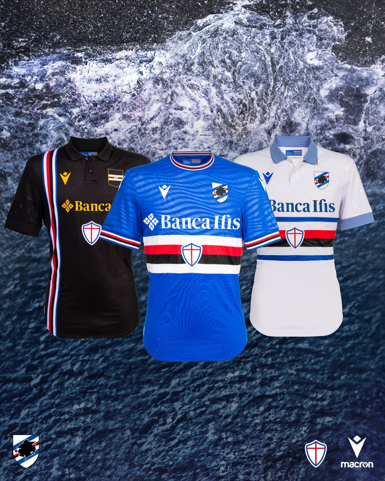 Todo Sobre Camisetas on X sampdoria y MacronSports presentaron sus camisetas 2023 24. Titular con un gofrado de olas y el lema Signora del Mare Suplente con franjas en cuello y punos