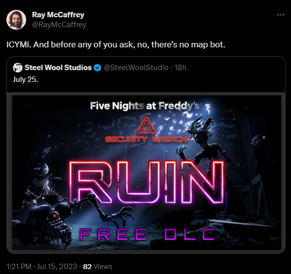 JonnyBlox's tweet photo. Ray McCaffrey confirms Map Bot will NOT return in Five Nights at Freddy's: Security Breach RUIN DLC!

#fnaf #fnafsb #fivenightsatfreddys #securitybreach https://t.co/cWBLJpwwRz