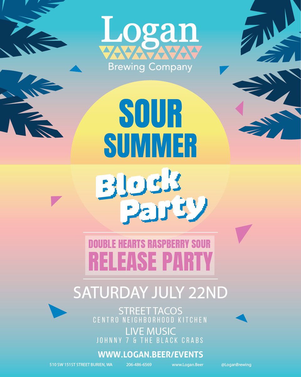 Join us one week from today for our SOUR SUMMER block party! ☀️ Celebrate the release of our fan favorite DOUBLE HEARTS Raspberry Sour beer! ♥️♥️ Live music 🎸 from Johnny7 and the Black Crabs  and Street Tacos 🌮 from our friends Centro Neighborhood Kitchen  😍 

#loganbrewing