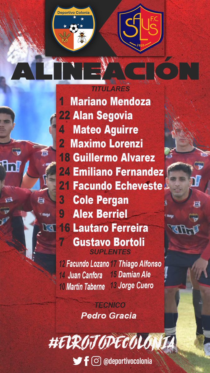 deporcolonia's tweet photo. ⚔️ Los 11 guerreros para enfrentar a Salus FC en el Miguel Campomar.

#ElRojoDeColonia 🚩 #TodosJuntos 🚩 https://t.co/tXY6syCkgu