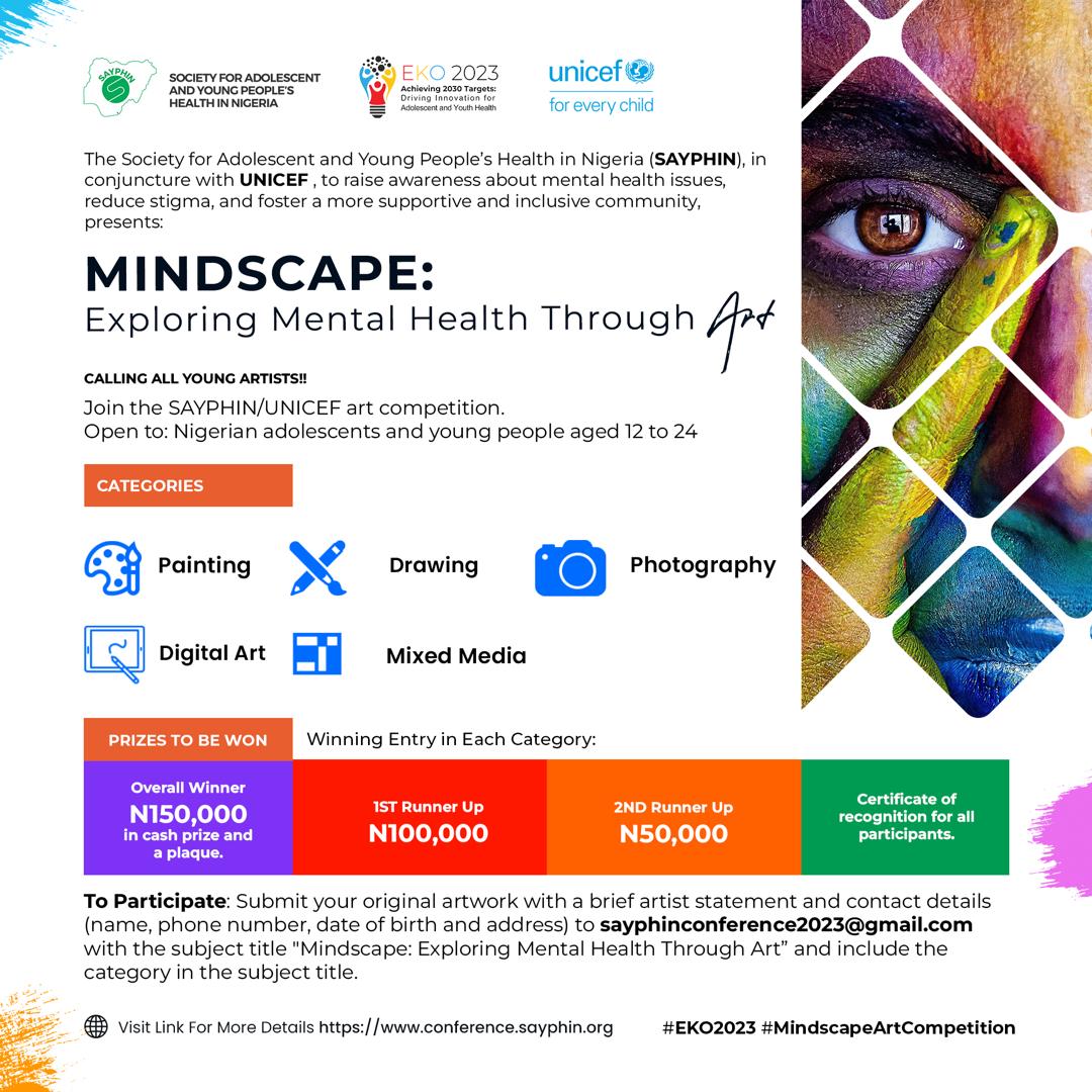 sayphinng's tweet photo. The Society for Adolescent and Young People’s Health in Nigeria (SAYPHIN) in conjuncture with @UNICEF to raise awareness about mental health issues, reduce stigma, and foster a more supportive and inclusive community, presents: Mindscape - Exploring Mental Health Through Art https://t.co/WJXdElG5E1