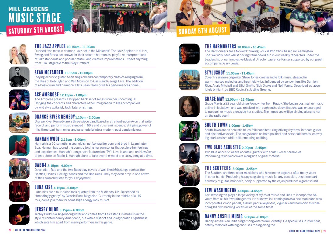 I am thrilled to be able to release this year's line-up, having been busy scheduling the 33 performances for this year's <a href="/AITPLeamington/">Art in the Park</a>. Thank you to all the musicians who have agreed to perform. We look forward to welcoming you.🎵🎶