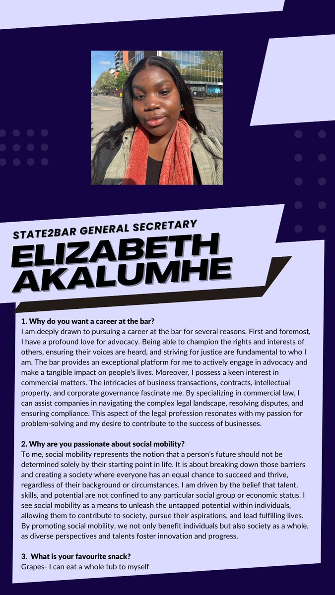 State2Bar's tweet image. Meet Elizabeth, our General Secretary!

#thebar #socialmobility #careers