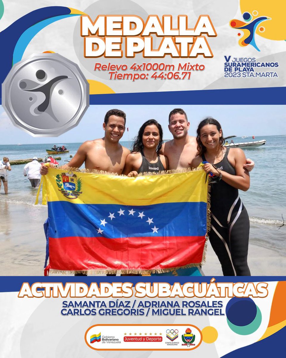 OfficialCOV's tweet photo. El relevo 4x1000m mixto de actividades subacuáticas se llevó la plata en Santa Marta 2023 🥈

El equipo conformado por: Samanta Díaz, Adriana Rosales, Carlos Gregoris y Miguel Rangel se lleva el segundo lugar del podio con un tiempo de 44:06.71

#SantaMarta2023 https://t.co/V4sc56N7AF