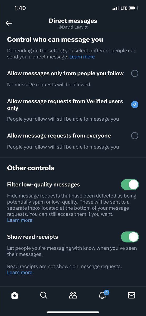 🚨 🚨 🚨 🚨 🚨 🚨 Overnight Twitter changed everyone’s Direct Messages to “allow message requests from Verified users only” They did this without your consent If you haven’t received messages from your friends today that’s why You need to go into settings and change it back