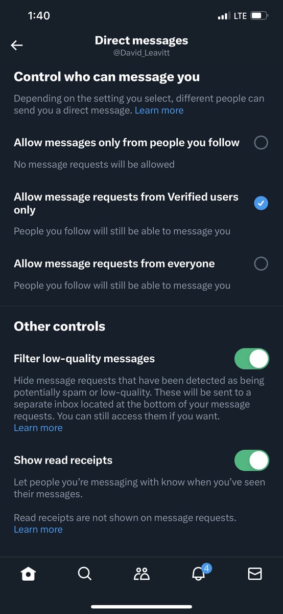 DavidLeavitt's tweet image. 🚨 🚨 🚨 🚨 🚨 🚨 

Overnight Twitter changed everyone’s Direct Messages to “allow message requests from Verified users only”

They did this without your consent 

If you haven’t received messages from your friends today that’s why

You need to go into settings and change it back