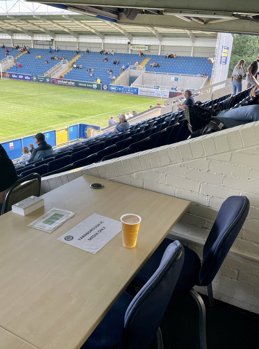 Great turnout <a href="/FarnboroughFC/">Farnborough FC</a>    friendly v <a href="/WealdstoneFC/">Wealdstone FC</a> in Andy Smart’s memory, raising money for <a href="/crisis_uk/">Crisis</a>. 
This was Andy’s co-commentary position and before kick-off the chairman always bought him a pint of cider.
They poured one final pint for him today.