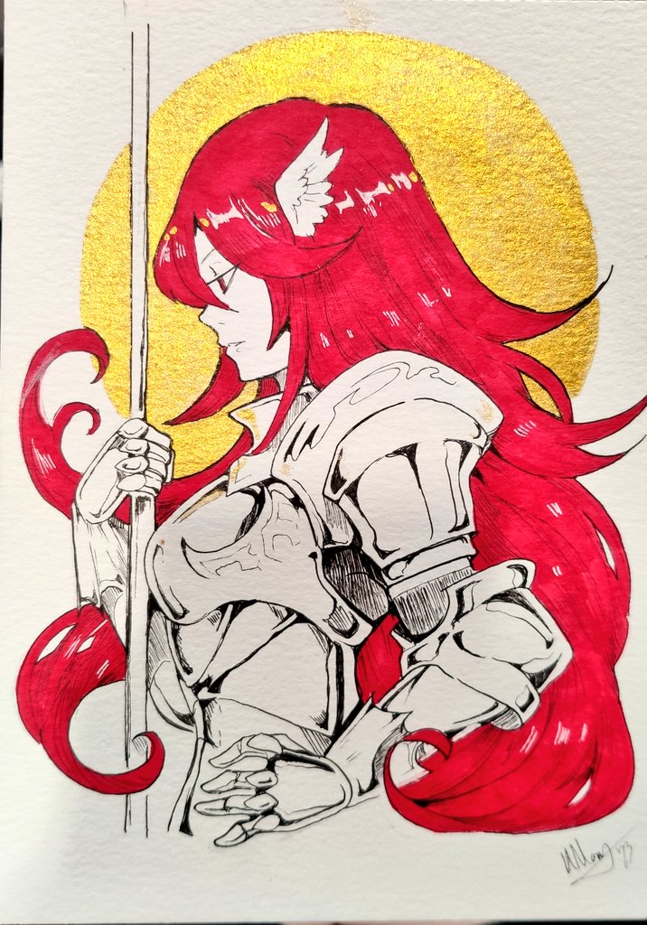 1girl long hair solo red hair armor weapon traditional media  illustration images