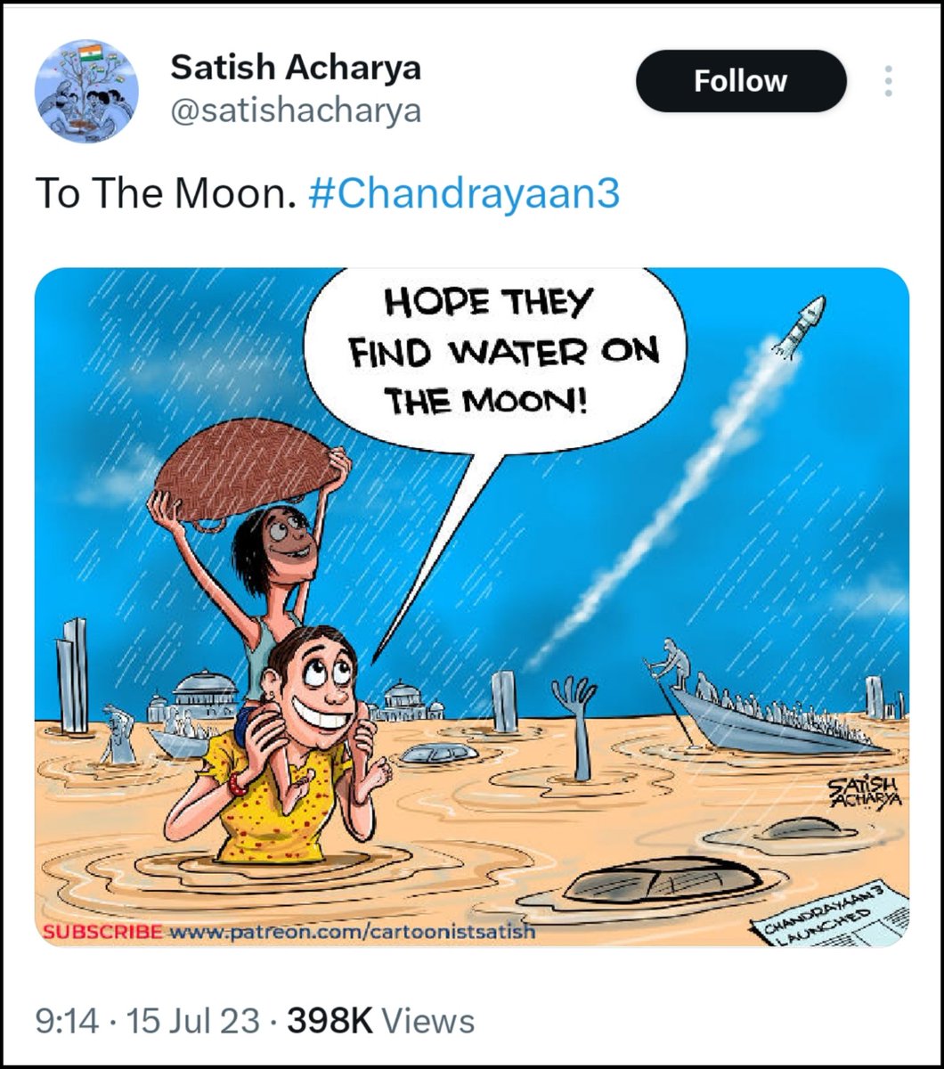 theskindoctor13's tweet photo. Typical socialist cartoon. Drawn to evoke emotions but illogical. To diss an achievement, just link it to some unfortunate event going on in the country. 

By this logic, till floods are settled, stop all development activities. Stop highways, close airports, malls, cars, trains. https://t.co/qr5fzfZrvK