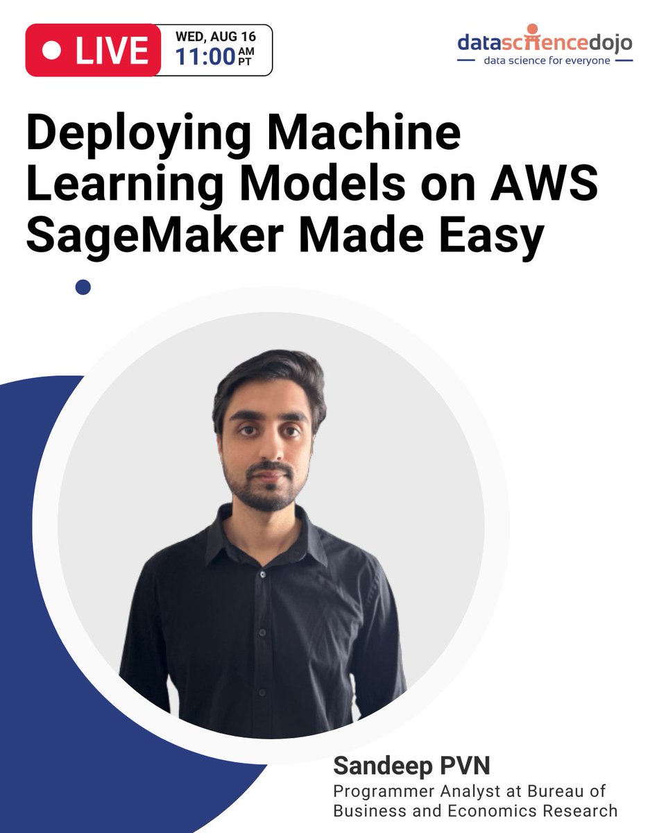 DataScienceDojo's tweet image. 💻 Join our live session happening on August 16th. Our presenter, Sandeep PVN, will give an overview of deploying machine learning models on AWS SageMaker.

🚀Register Here: hubs.la/Q01XxDJq0

#AWS #SageMaker #MachineLearning