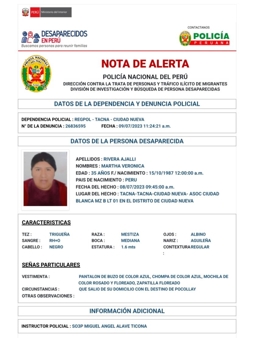 MuDesaparecidas's tweet photo. 🚨#NotaDeAlerta🚨
Martha Verónica Rivera Ajalli (35), está reportada como desaparecida desde el 08/julio/2023, en #Tacna.

Viste pantalón azul, chompa azul, mochila rosada y zapatillas floreada.

En caso de tener información📲 a la #Línea114.

Por favor, ayudemos a encontrarla. https://t.co/TcVeoXFjbz