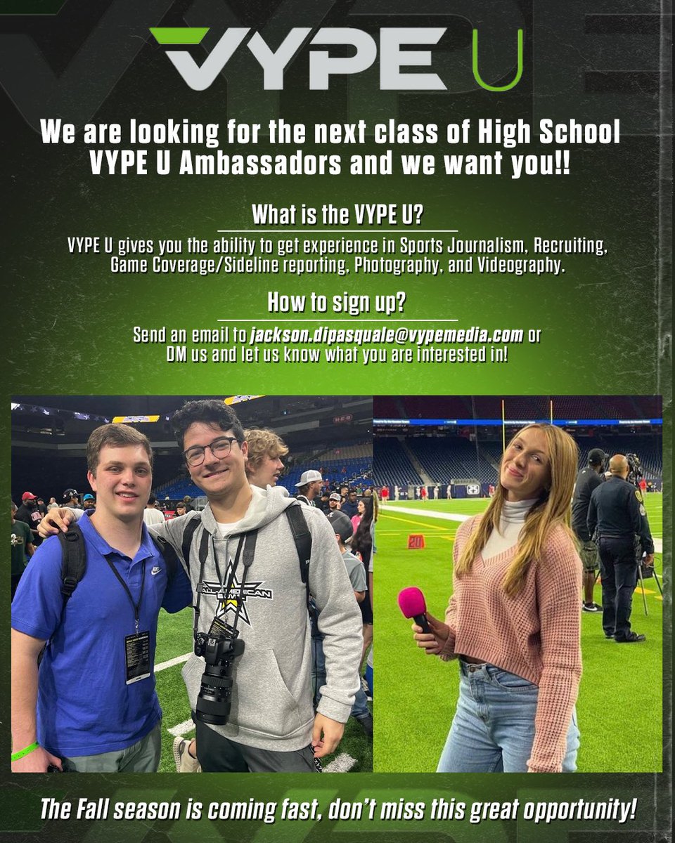 🚨ATTENTION🚨 The VYPE U Program is looking for the next group of High School students interested in gaining experience in the Sports Media industry!! If you or someone you know would be interested in more information send us an email at the address listed below!!