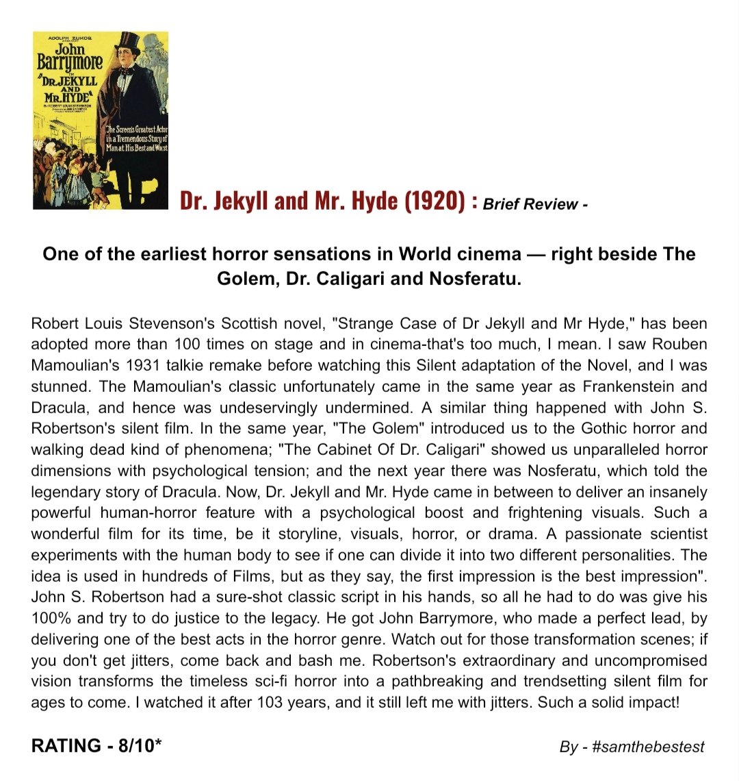 SAMTHEBESTEST_'s tweet photo. Watched #DrJekyllAndMrHyde (1920) :
One of the earliest horror sensations in World cinema - right beside #TheGolem, Dr. Caligari and #Nosferatu
RATING - 8/10*
#JohnSRobertson #johnbarrymore #marthamansfield #charleslane #nitanaldi #brandonhurst #cecilclovelly #louiswolheim https://t.co/nX1l1EnQyZ
