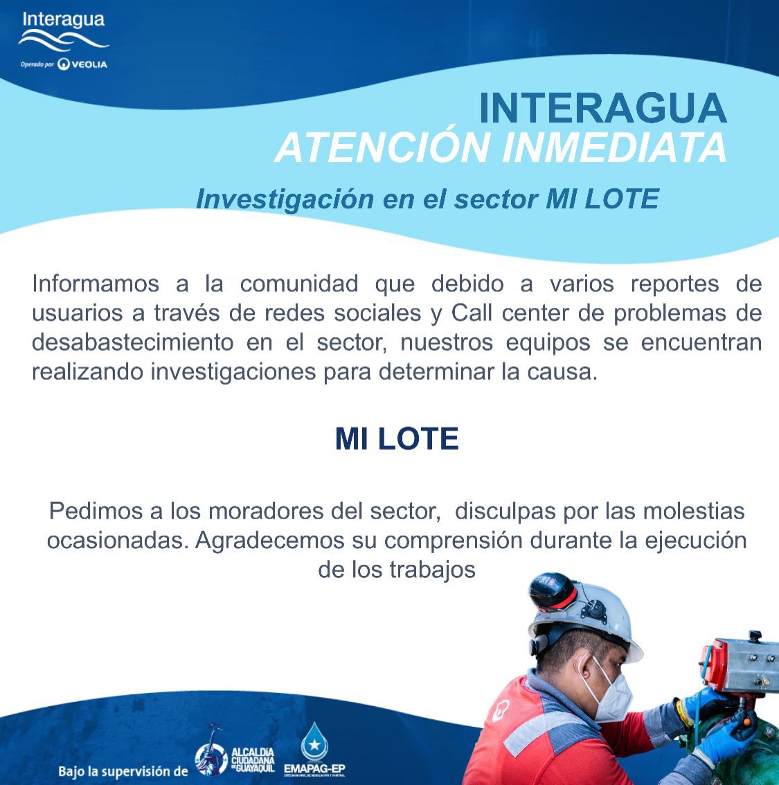 interagua's tweet photo. #Investigaciones para determinar las causas del desabastecimiento en el sector #MiLote
Mantente informado en nuestras redes sociales. @emapagye @alcaldiagye https://t.co/Rz5mwPXFL6
