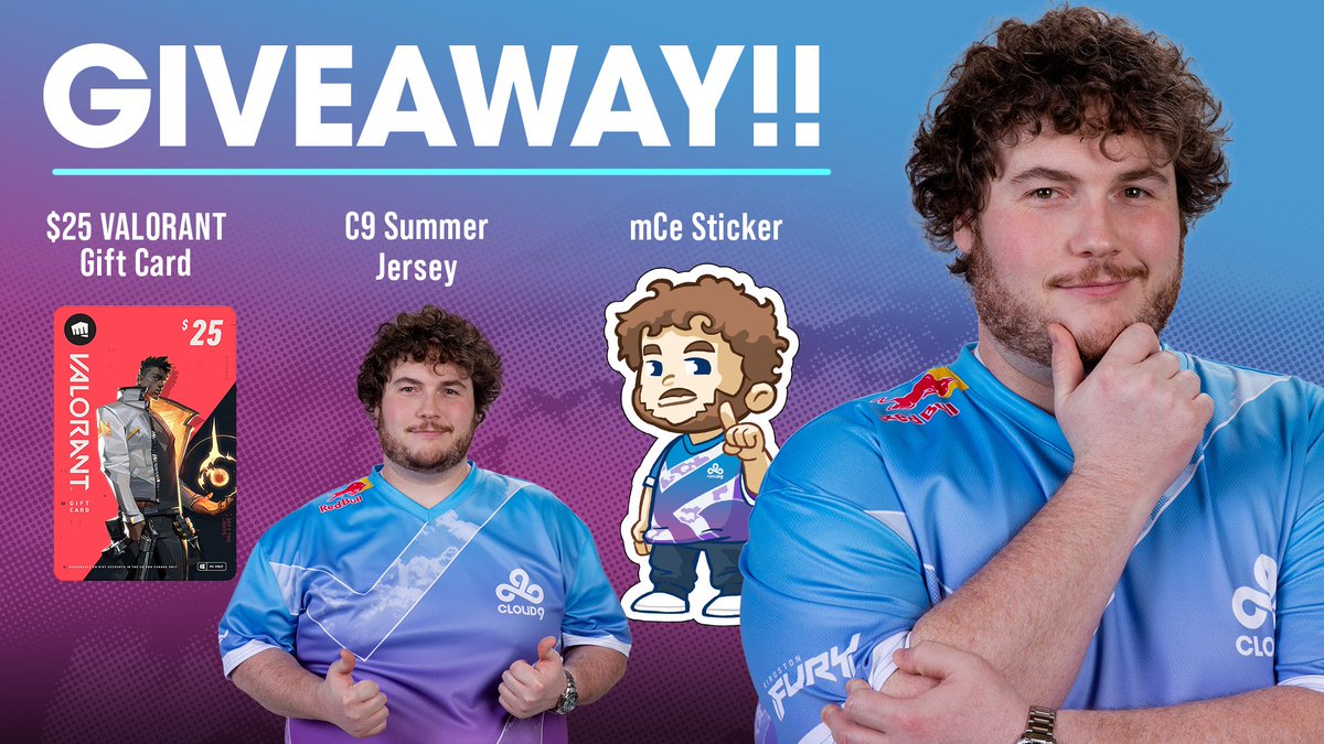 MatthewCElmore's tweet photo. ⛈ C9 VALORANT Summer Flash Giveaway ⛈ Giving away a $25 VALORANT gift card, C9 Summer Jersey, and mCe sticker to one winner!

💙 Like &amp; RT this tweet
🥳Follow @MatthewCElmore &amp; @C9VAL
🤠Tag a friend who also can't stand @Zellsis half the time. https://t.co/KzEGCDiHPT