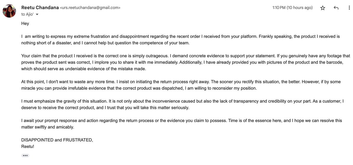 Reetu_Chandana's tweet photo. @AJIOLife Seriously, how can you claim to have sent the correct product? Where's the evidence? I provided the barcode and product images from the start! 

Stop sending me the same template over and over again and initiate the return. -RC https://t.co/uChny4sCDR