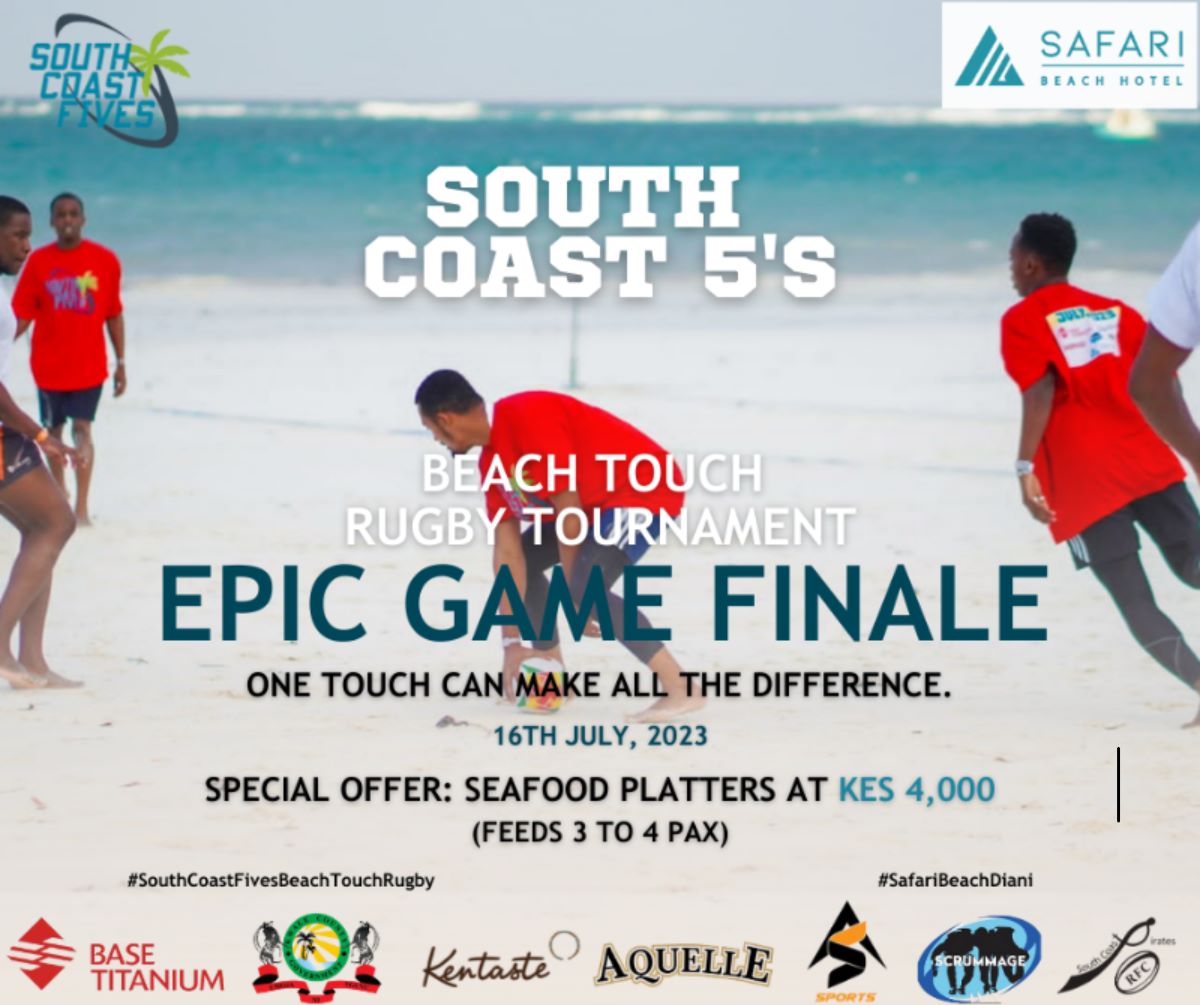 Join us for the heart-pounding finale of the South Coast Fives Beach Touch Rugby Tournament tomorrow.
 #SouthCoastFivesTouchRugbyTournament #SafariBeachDiani #TournamentFinale #ChampionshipClash #BeachRugby #UnforgettableMoments #HustleHitNeverQuit