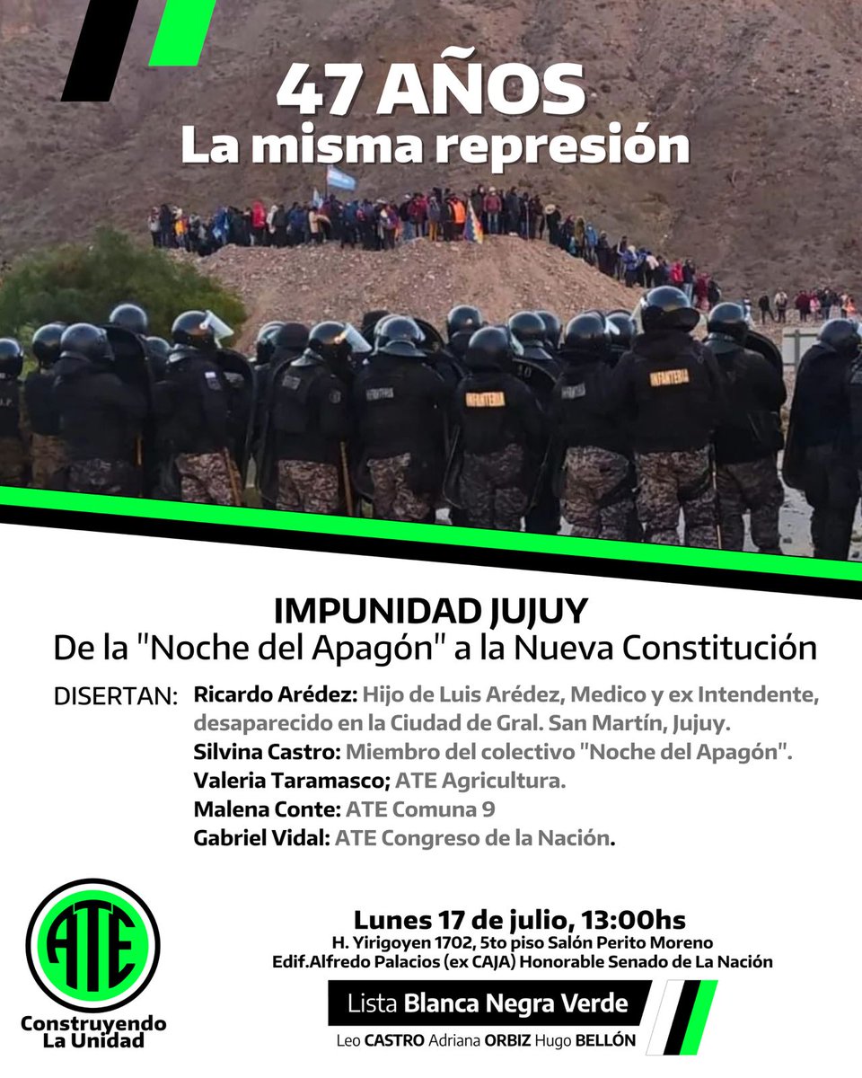 Este lunes estamos en <a href="/ATE_Congreso_Ok/">🇦🇷ATE CONGRESO 🇦🇷</a> 
Repudiamos la represión en Jujuy