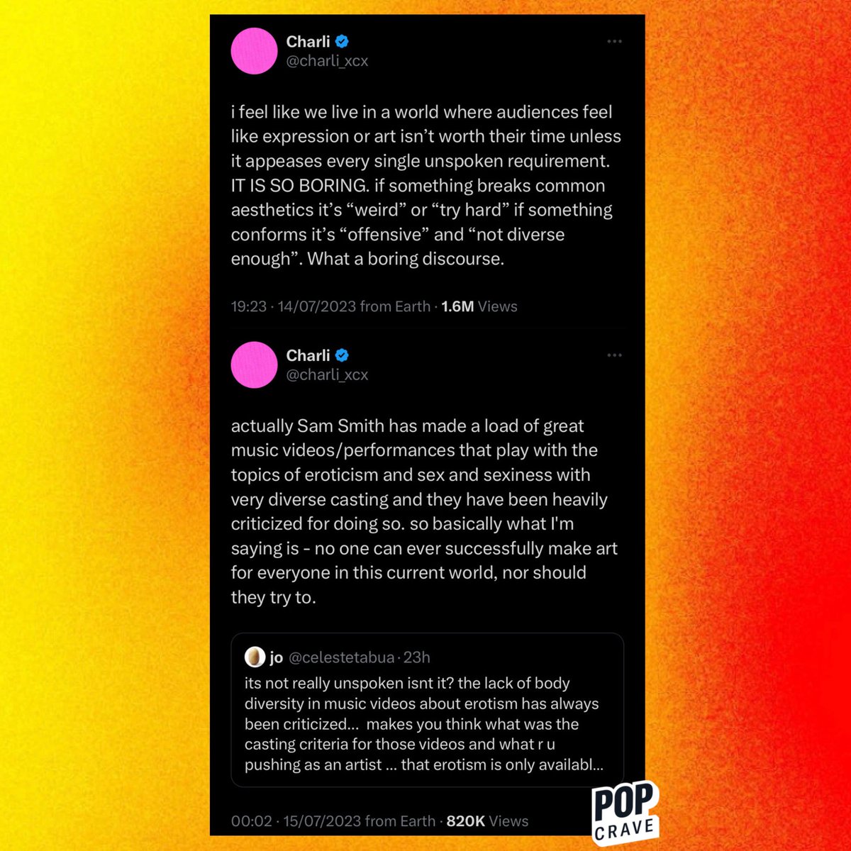 PopCrave's tweet photo. Charli XCX on the discourse surrounding Troye Sivan’s “Rush” music video and body diversity:

“if something breaks common aesthetics it’s ‘weird’ or ‘try hard’ if something conforms it’s ‘offensive’ and ‘not diverse enough.’ What a boring discourse.” https://t.co/iXx2gdgAUb