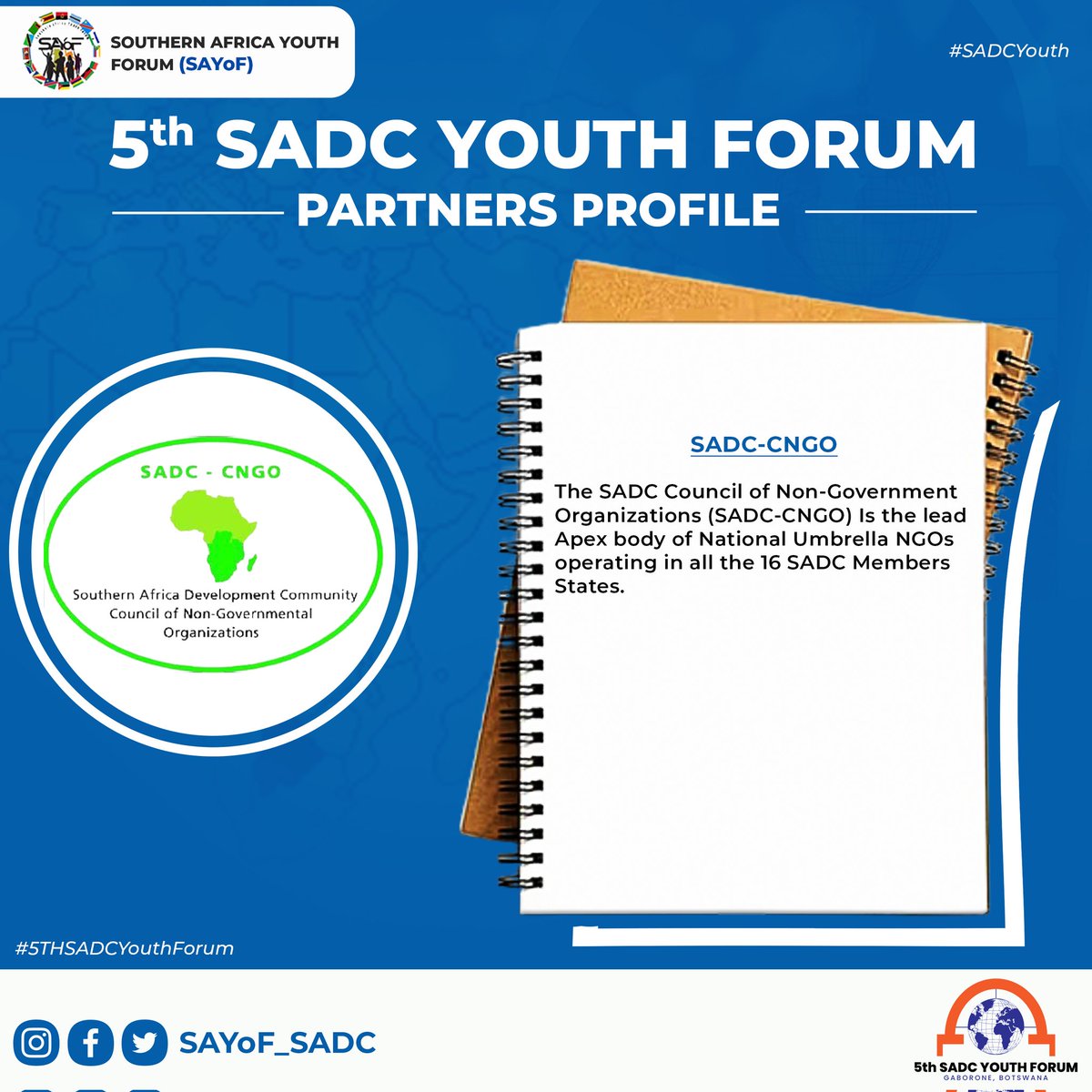 SAYoF_Climate's tweet photo. 💡#5thSADCYouthForum Partners Spotlight💡

SADC-CNGO 

🗓 25 - 27 July |📍Botswana🇧🇼

Theme: Accelerating Regional Integration &amp; Youth Participation in AfCFTA

#SADCYouth #5thSADCYouthForum https://t.co/D1MjvYVlpU