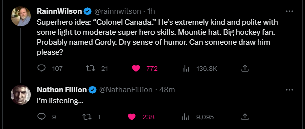 carolinalady's tweet photo. I really just want to sit and have a drink with these two. I have a feeling the laughter would be amazing @rainnwilson @NathanFillion https://t.co/0sZziUvGFb