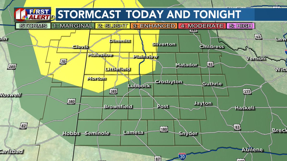 JohnRobisonKCBD's tweet photo. Strong to severe storms may return this evening to some of the South Plains. Storms will have the potential for large hail and high winds with possible tornado development. The area highlighted in yellow has the greatest potential for severe storms. https://t.co/Wp8JqIKi6t