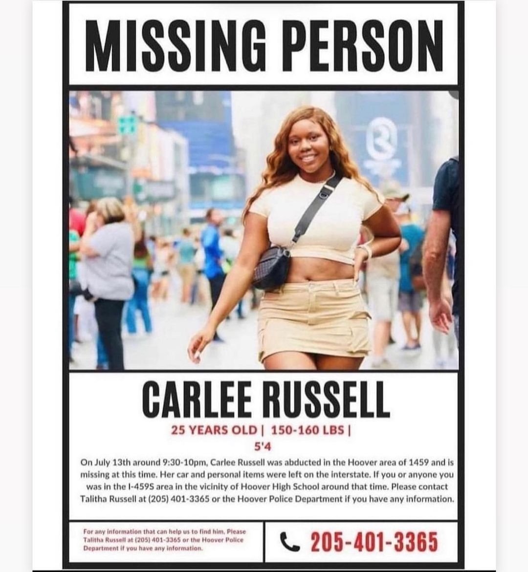 steffstephens1's tweet photo. #CarleeRussell was abducted on I-459 in Hoover, #Alabama after telling family members she was stopping to check on a toddler she saw on the side of the interstate.Her phone, smart watch, and the wig she was wearing were left at the scene. https://t.co/w4mIuTjjRU
