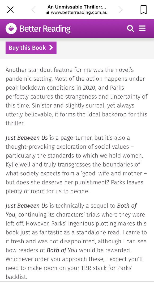 Thank you @betterreadingau for this incredible review of JUST BETWEEN US. Your support means so much to me! amzn.eu/d/i3yQw1T