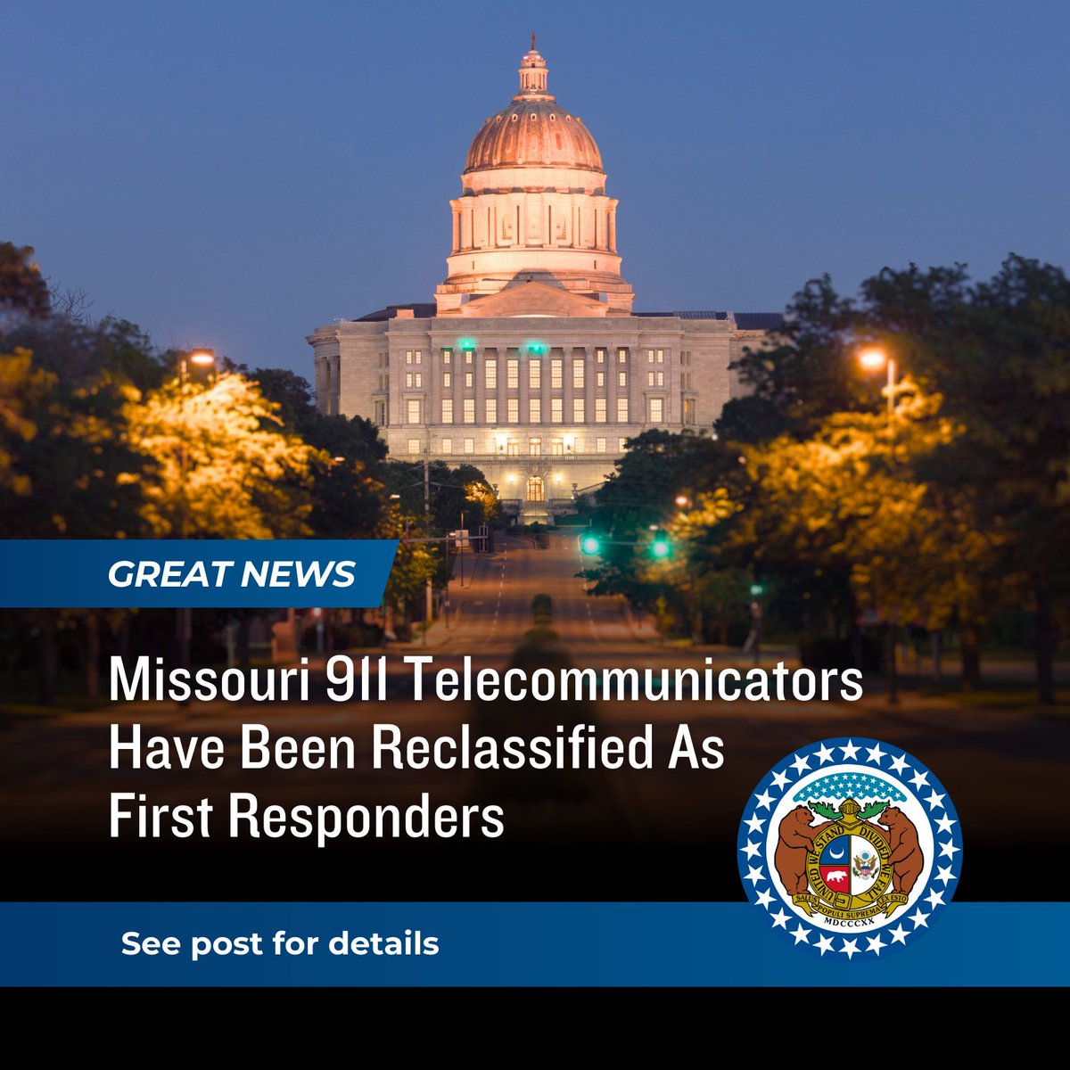 missouri911's tweet photo. Great news: Gov. Parson signed SB24 into law, designating 911 telecommunicators as first responders! Starting 8/28, they'll get the recognition they deserve and access to additional benefits. Congrats to our newest first responders!

Read the bill here: https://t.co/68NYO4GGVT https://t.co/ZuCApXMrfp