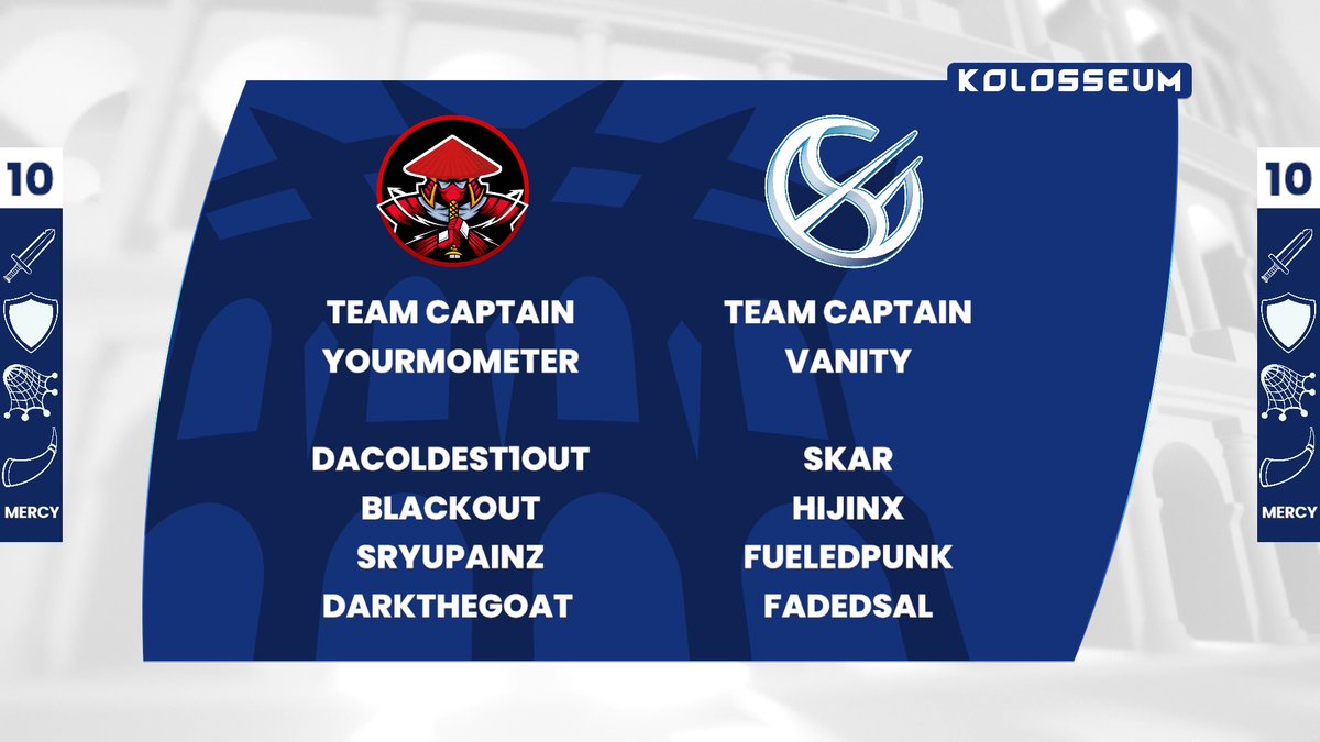 Today at 6PM ET! <a href="/TheKolosseum/">The Kolosseum</a> 
 
<a href="/TheLastRonins/">The Last Ronins</a> v <a href="/STierGamingCo/">STG</a>
Pokemon style 5v5 | Players have 2 lives

Kolo themed items Captains can use!

Sword | Remove a life
Shield | Add a life
Net | Lock out Kustom Variations
Warhorn | Change character
Mercy | Ask live chat to revive