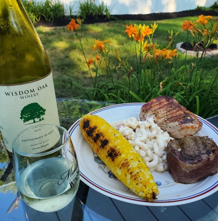 Grilling and enjoying a nice <a href="/WisdomOak/">Wisdom Oak Winery</a> Sauvignon Blanc! 🥂🍖😋