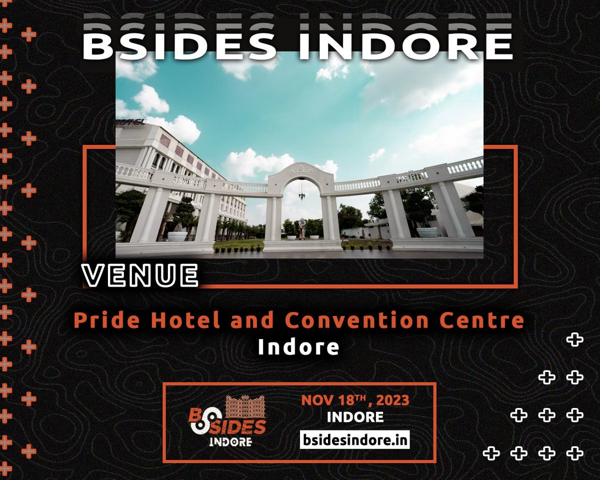 BSidesIndore's tweet photo. Announcing the venue for the BSides Indore Conference – "Pride Hotel and Convention Centre, Indore"!

Pride Hotel's Security Den, Where Hackers Converge, Minds Ascend!

Where: Pride Hotel And Convention Centre, Indore
When: 18th November 2023

#infosec #bsides #CyberSecurity https://t.co/drKS4ogEab
